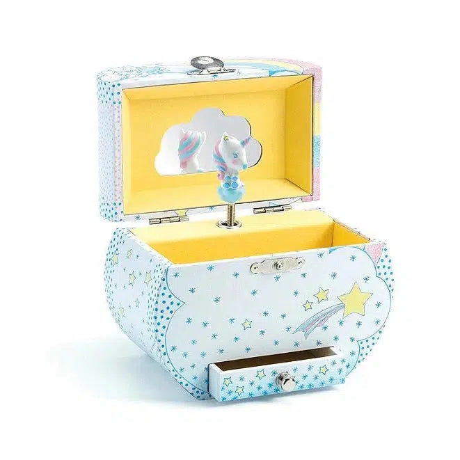 this image shows the unicorn trasure box. its a box with a unicorn head in it, and places to store whatever you like!