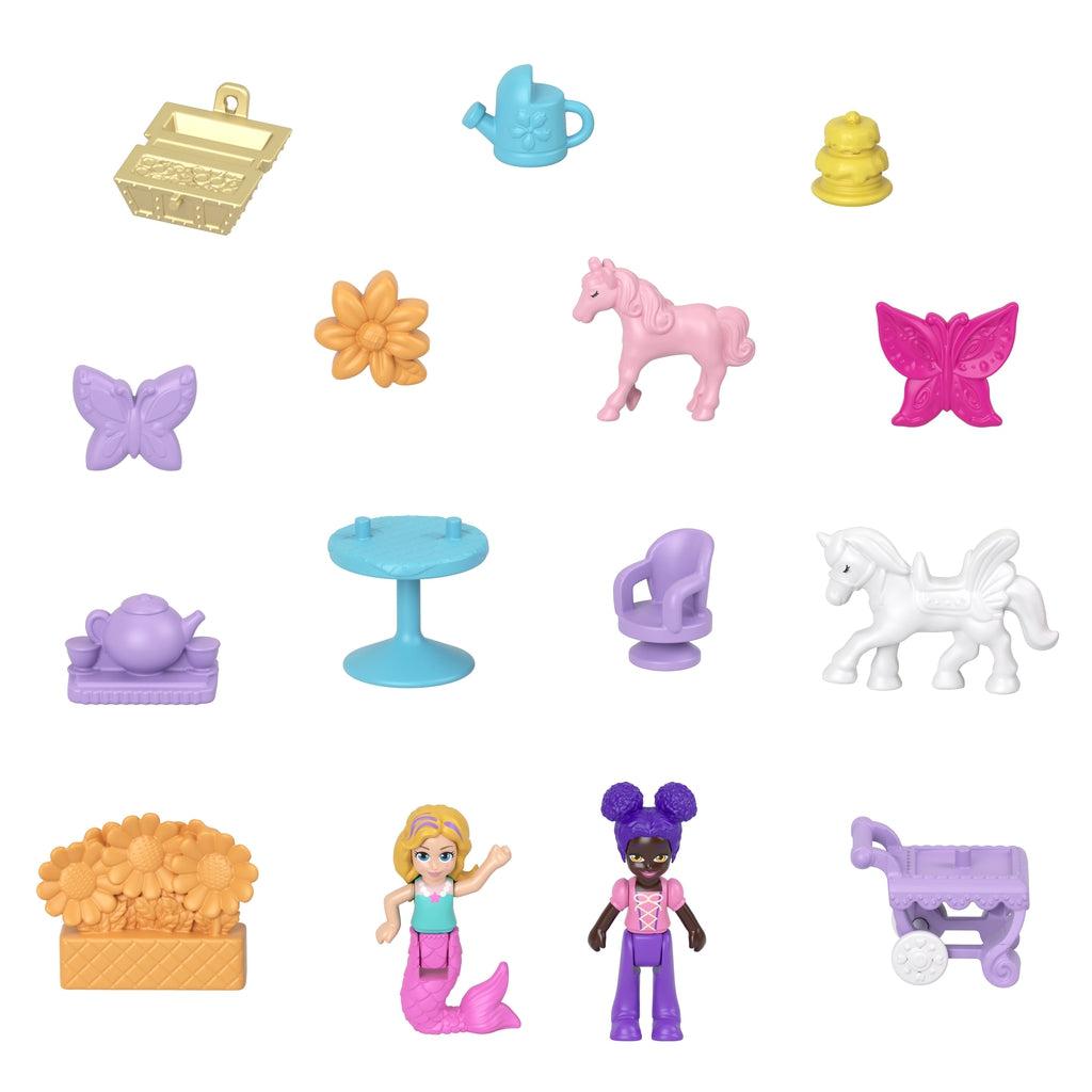 Accessories are small plastic pieces included with compact | Includes a treasure chest, watering can, cake, two butterflies, flower, horse,  tea set, table, chair, unicorn, flower box, tea cart, and two micro figures. | One micro figure is a human and one has a mermaid tail.
