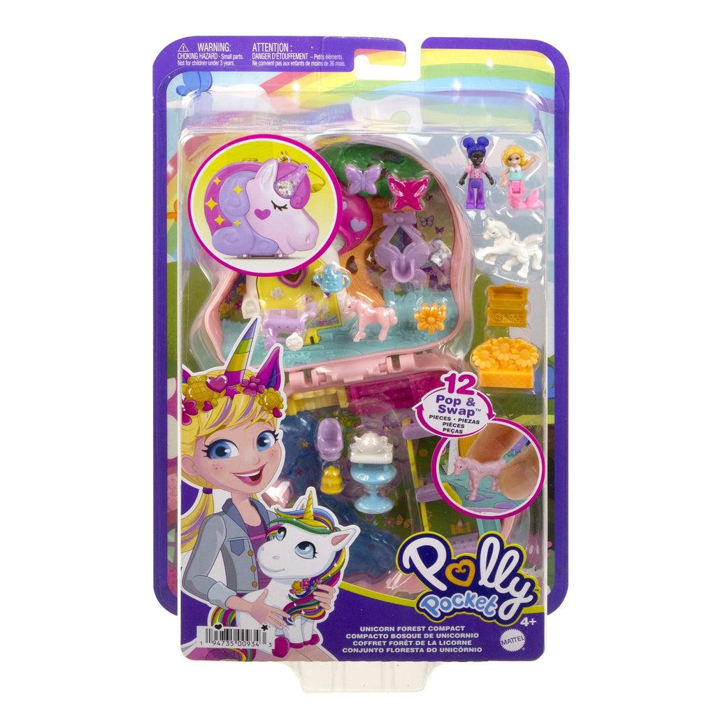 Packaging of Unicorn Forest Tea Party Polly Pocket | Packaging is see-through with open compact visible inside. It also features an illustration of Polly Pocket holding a unicorn.