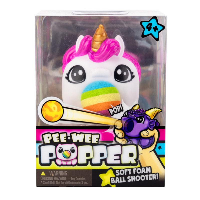 Image of the packaging for the Unicorn PeeWee Popper. It has clear walls so you can see the popper inside.