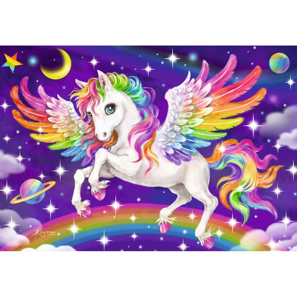Puzzle #1 image | Stylized illustration of a Pegasus with pink hooves, large eyes, and rainbow mane, tail, and wings. The Pegasus has sparkles, clouds, planets, and a rainbow surrounding it.
