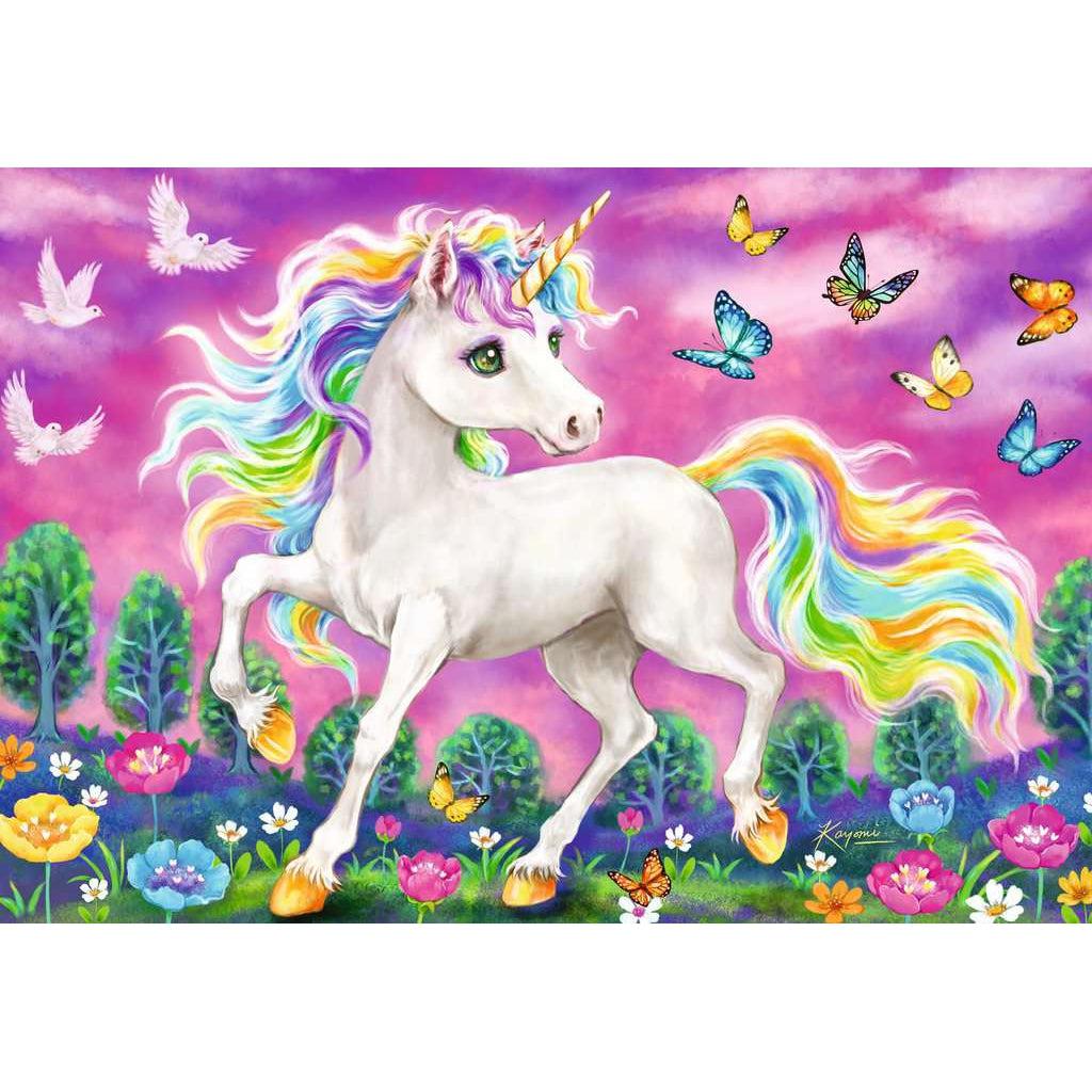 Puzzle #2 image | Stylized illustration of a unicorn with yellow hooves, large eyes, and a rainbow mane and tail. Butterflies, flowers, and doves surround the unicorn which stands against a purple sky.