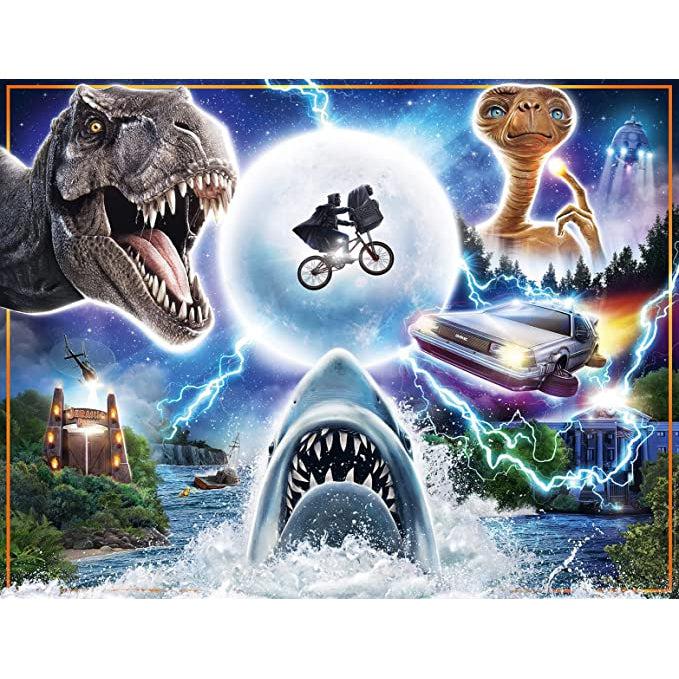 Puzzle image | Image contains scenes from famous Universal & Amblin movies | T-Rex and gates to Jurassic Park | E.T. alien and boy on bike with alien in front of moon | Jaws shark head coming out of water | Back to the Future Delorian car.