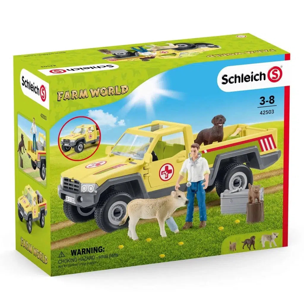 Image of the packaging for the Veterinarian Visit at the Farm play set. On the front is an image of all the included playing pieces.