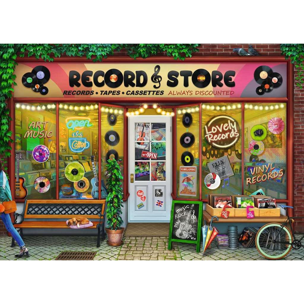 Puzzle image | Illustration of the storefront for a record store | Outside the store has a bench with a sleeping dog, clearance records on a table, potted plant, and chalk board advertising live music | In the windows are strings of lights neon signs, and decorative vinyl records. | The sign on the building says "RECORD STORE" and is bordered by ivy growing on the building.