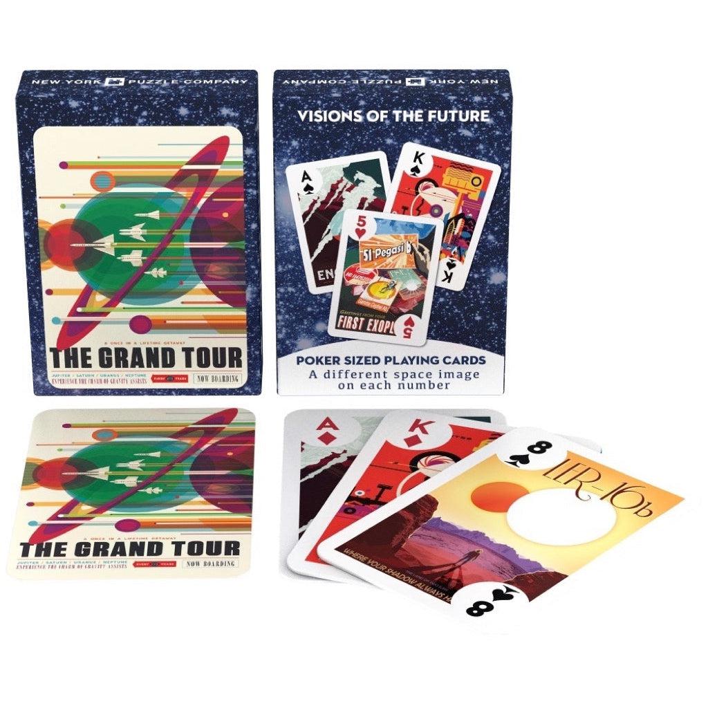 Image of three different example cards. On the face of each card there is a retro space poster depicting close and far planets. It shows that there is a different space poster on each number.