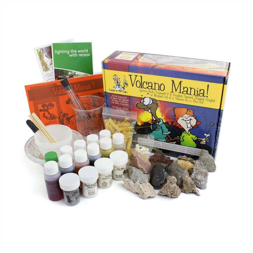 Packaging has an image of a volcano erupting with a cartoon boy and girl holding science experiments. | Full contents of kit is shown around packaging. | Includes but is not limited to: 10 rocks, pasta noodles, mixing bowls and cups, popsicles sticks, chemical compounds, and more.
