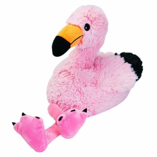 Image of the Warmies Flamingo plush. It is a flamingo with a light pink body and black accents. The beak is long and is orange.