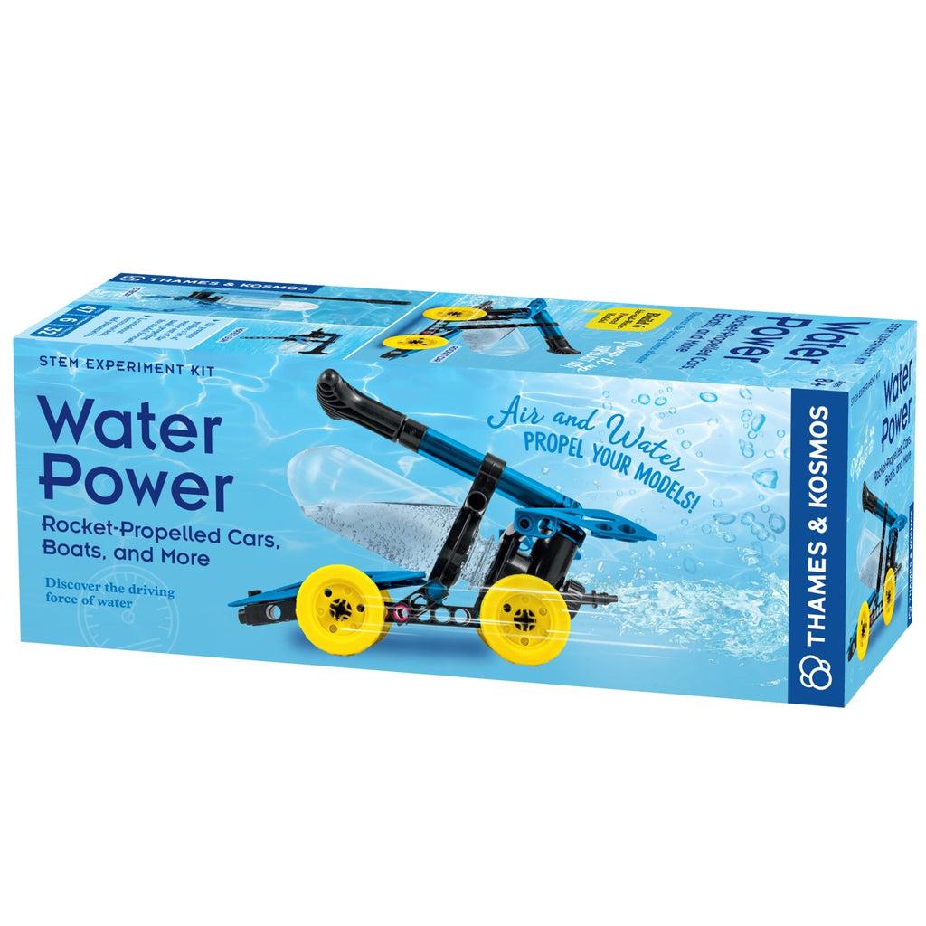 Front of packaging | Box is blue with water lines. | Image of water power model shooting water and moving. 