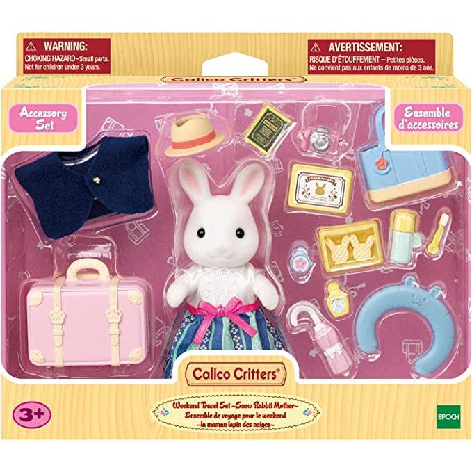 Image of the packaging for the Calico Critters Weekend Travel Snow Rabbit Mother set. The front is made from clear plastic so that you can see all the included pieces inside.