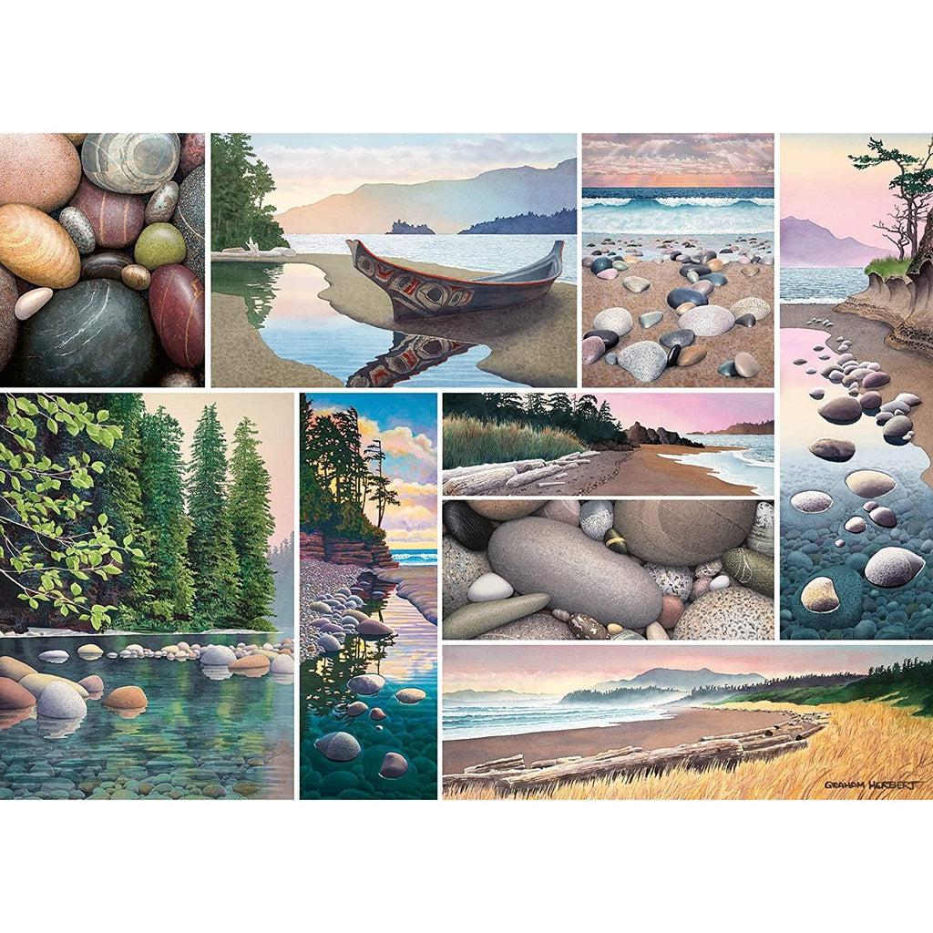 Puzzle is a collage of different photos from Canada's West Coast. It mainly has pictures of pretty smoothed rocks and shorelines, but there is also a Inuit-themed canoe in one of the photos.