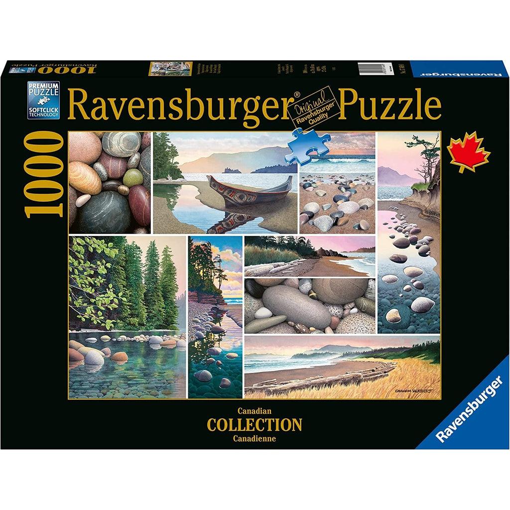 Image shows front of puzzle box. It has information such as brand name, Ravensburger, and piece count (1000pc). In the center is a picture of the finished puzzle. Puzzle described on next image.