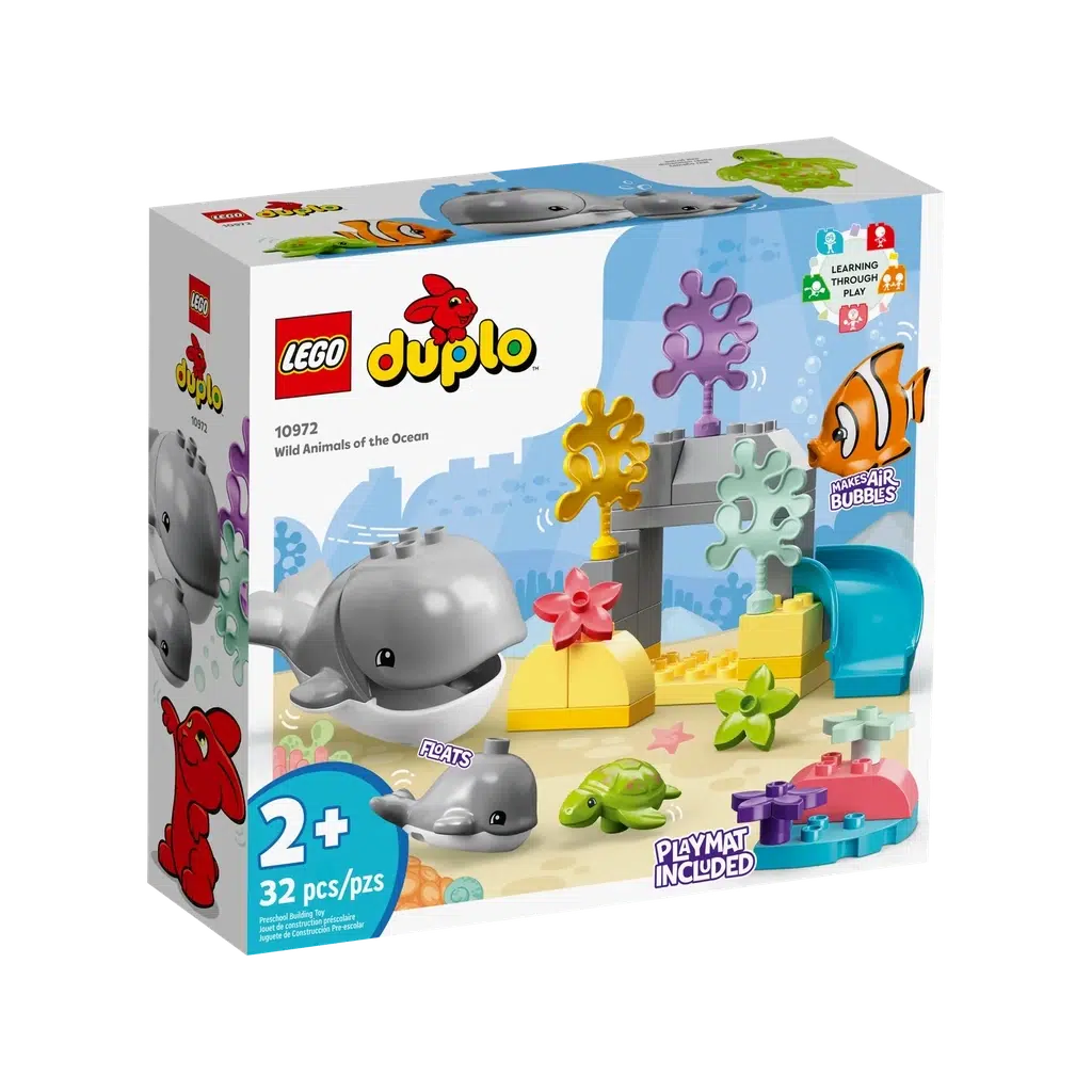 The front of the box shows the lego duplo set | text on the box reads: "playmat included", "learning through play", "makes air bubbles", and "2+, 32 pcs"