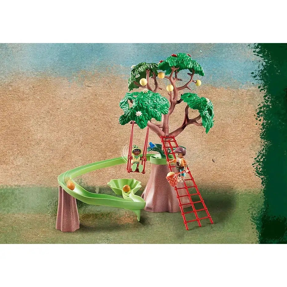 The Tree with the marble track is shown, one figure climbs an attached rope ladder with a net to collect the fruit (marbles that stick to the tree) as others fall down the marble track, another figure sits on the swing hanging from one branch