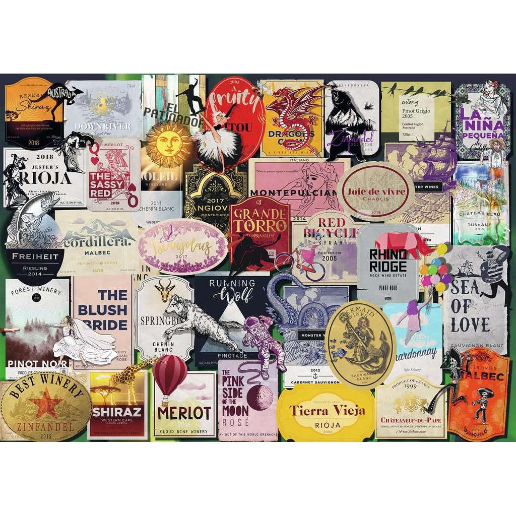 Puzzle is a collage of many different wine labels of all different types and colors. There are some caricatures of the words on the labels. Example: The Blush Bride shows a bride running on top of the label.