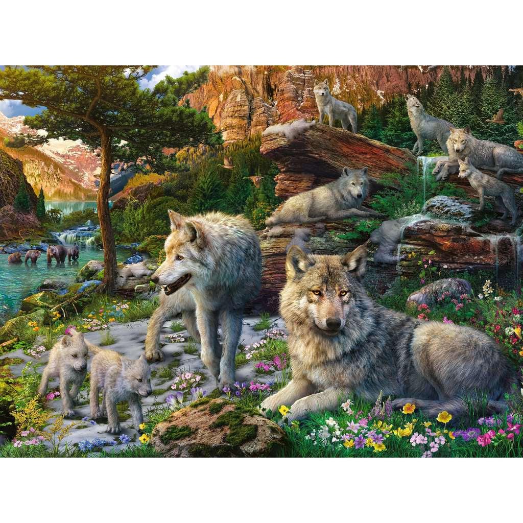 Puzzle image | A pack of gray wolves gather around a rocky protrusion in an open area of a mountain forest | Two baby wolves run through the flower and snow filled grass | In the distance a large pine forest and a river with a bear and her cubs.