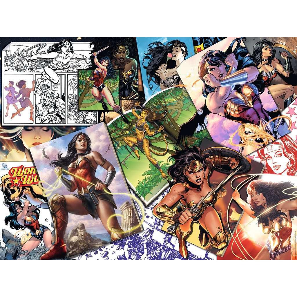 Puzzle is of DC's Wonder Woman throughout time is shown in a variety of overlapping illustrations and comic panels.