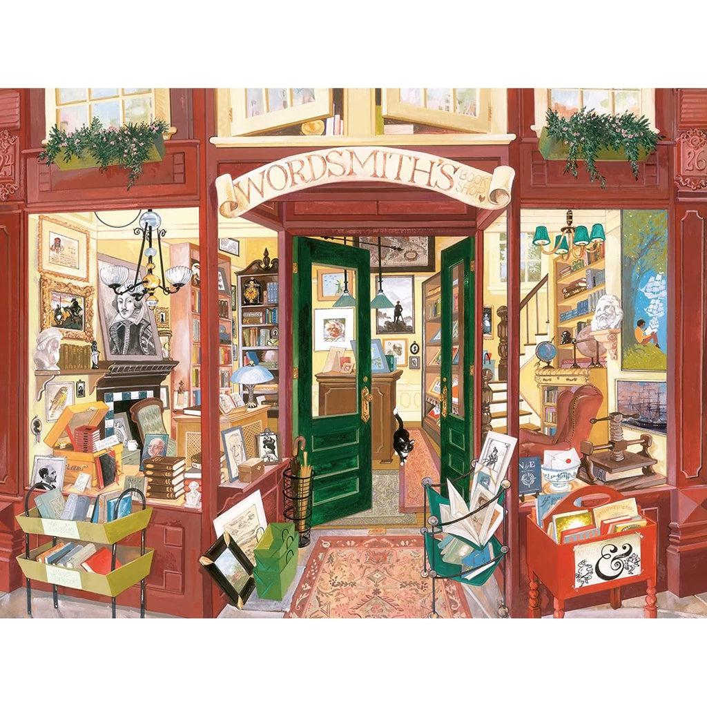 The puzzle is the storefront to "Wordsmith's Bookshop". There are so many books, papers, and letters to be found! There are even some portraits of famous authors such as William Shakespeare.