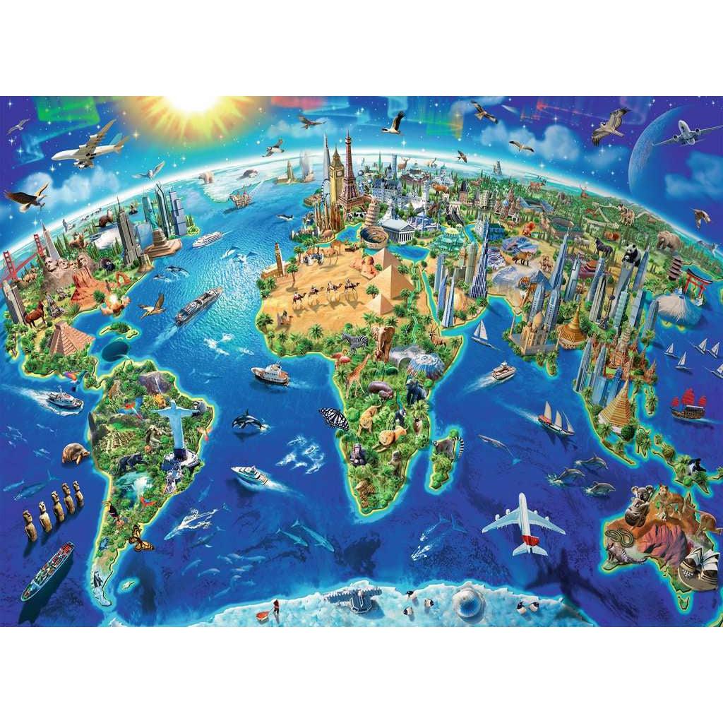 Image of puzzle | High angle view of the Earth with all continents visible | Each continent has major landmarks as well as native animals. | There are also may planes and boats visible.