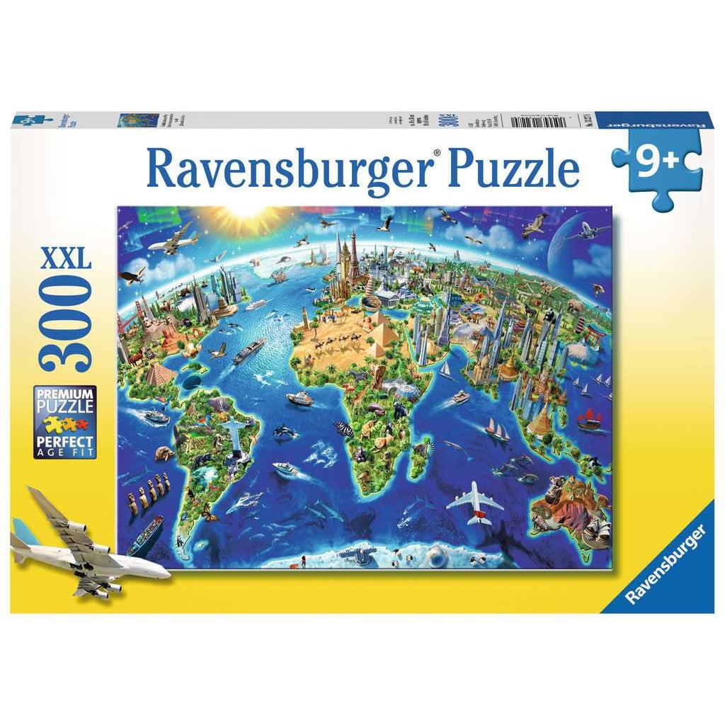Ravensburger puzzle box with detailed image of world including building, vehicles, and more | 300pc 