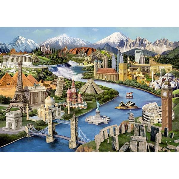 Image on puzzle | Well known world land marks have been combined on one landscape together | Two visible portions of land are separated by flowing water and scenic mountains are visible behind. | Example landmarks include: The Eiffel Tower, Taj Mahal, Statue of Liberty and more.
