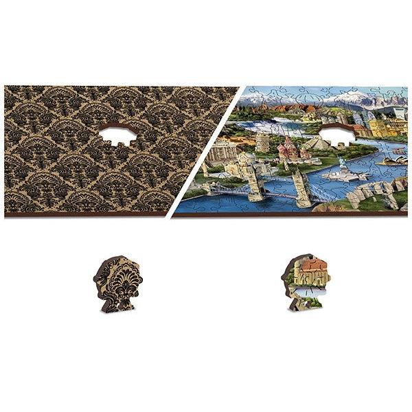 View of front and back sides of puzzle with a single piece removed | Back side is printed with an antique wallpaper style pattern | Front side has image as described previously | Individual pieces pulled out reflect the respective patterns of the front and back sides