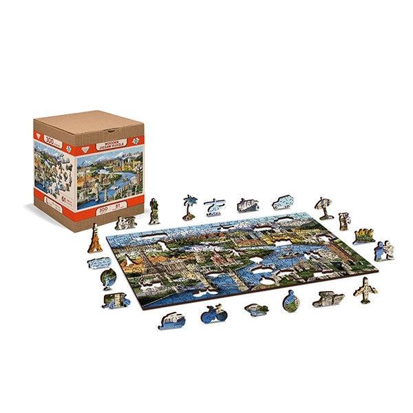 World Landmarks puzzle box with images of completed and partially completed puzzle | Partially completed puzzle with some pieces set out to sides | Removed puzzle pieces stand outside puzzle border.