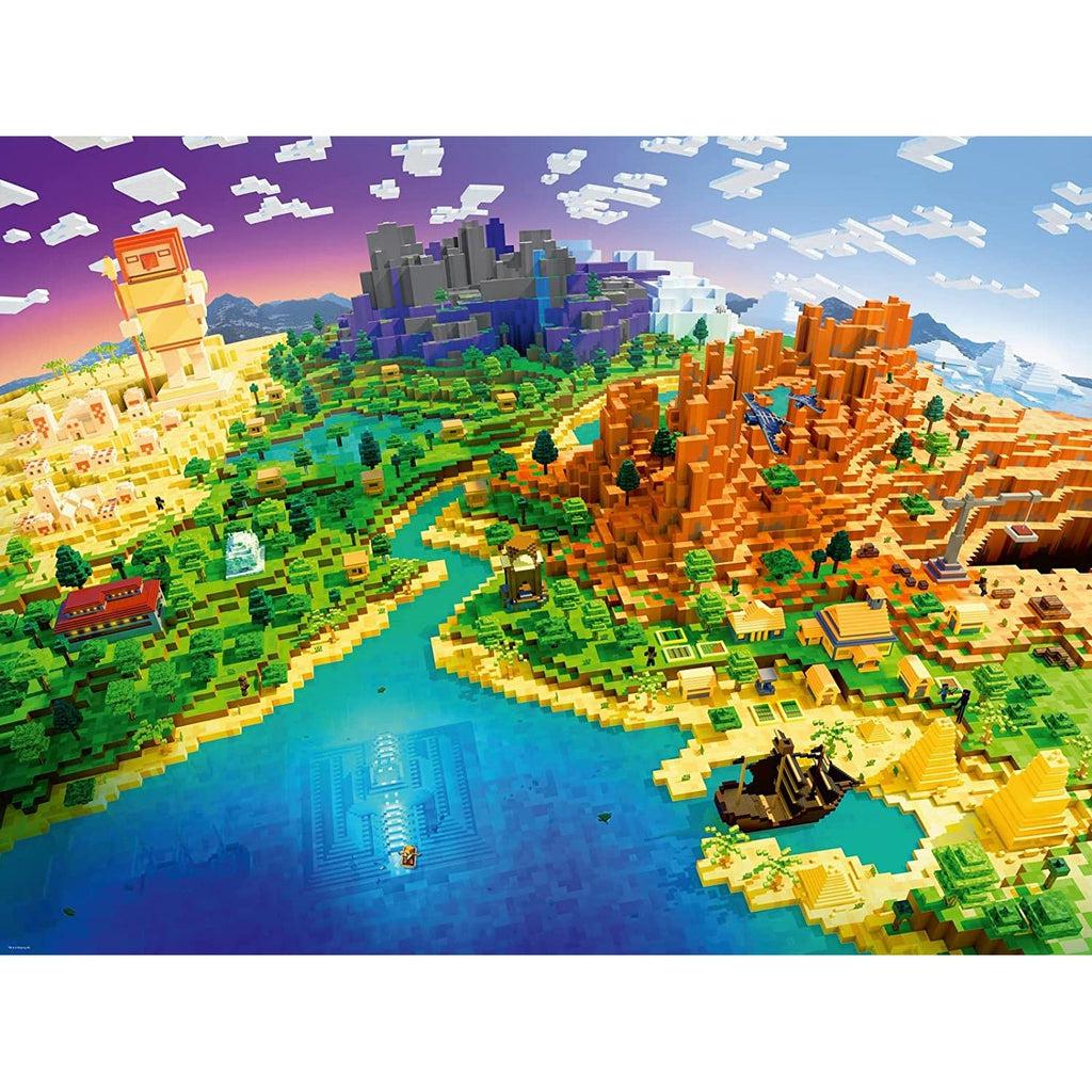 Puzzle image | Expansive Minecraft world with multiple biomes ranging from jungle to tundra. Structures such as villages, statues, and a ship can be seen. | A large body of water sits at the front of the map and leads to a river cutting through biomes.