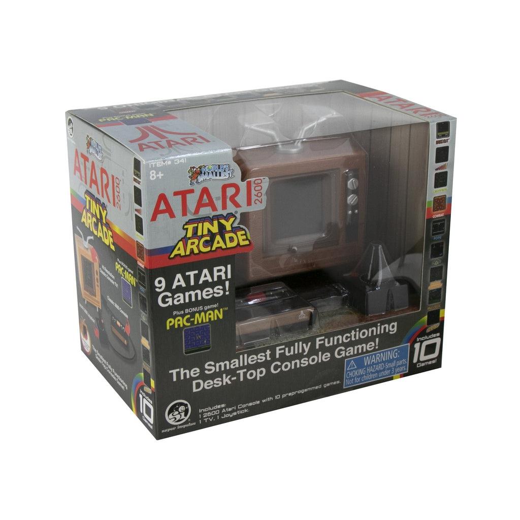 Image of the packaging for the World's Smallest Atari 2600 console. It has pictures of all of the games included on the side of the box, and a part of the walls are clear so that you can see the console inside.