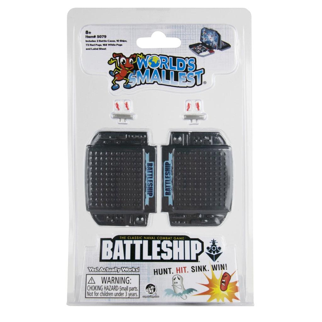 Image of the packaging for the World's Smallest Battleship. It has clear plastic packaging so that you can see the  carrying cases and battleships the game comes with.