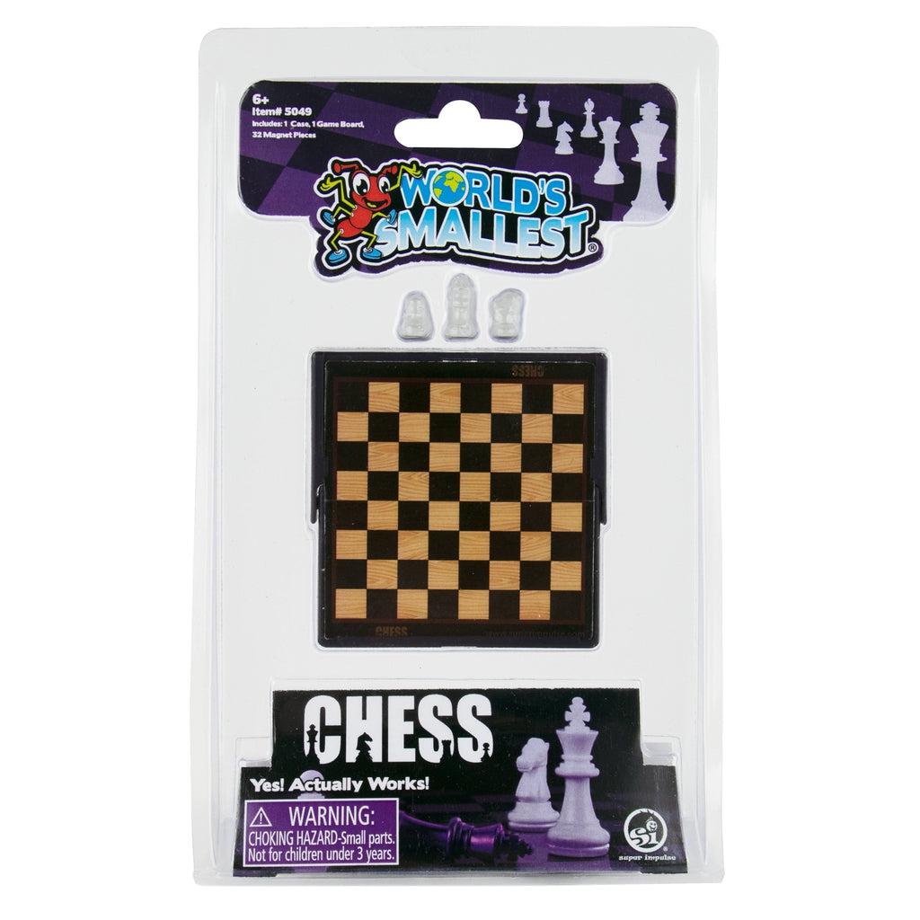 Image of the packaging for the World's Smallest Chess Set. The packaging is clear plastic so that you can see the game board and game pieces inside.