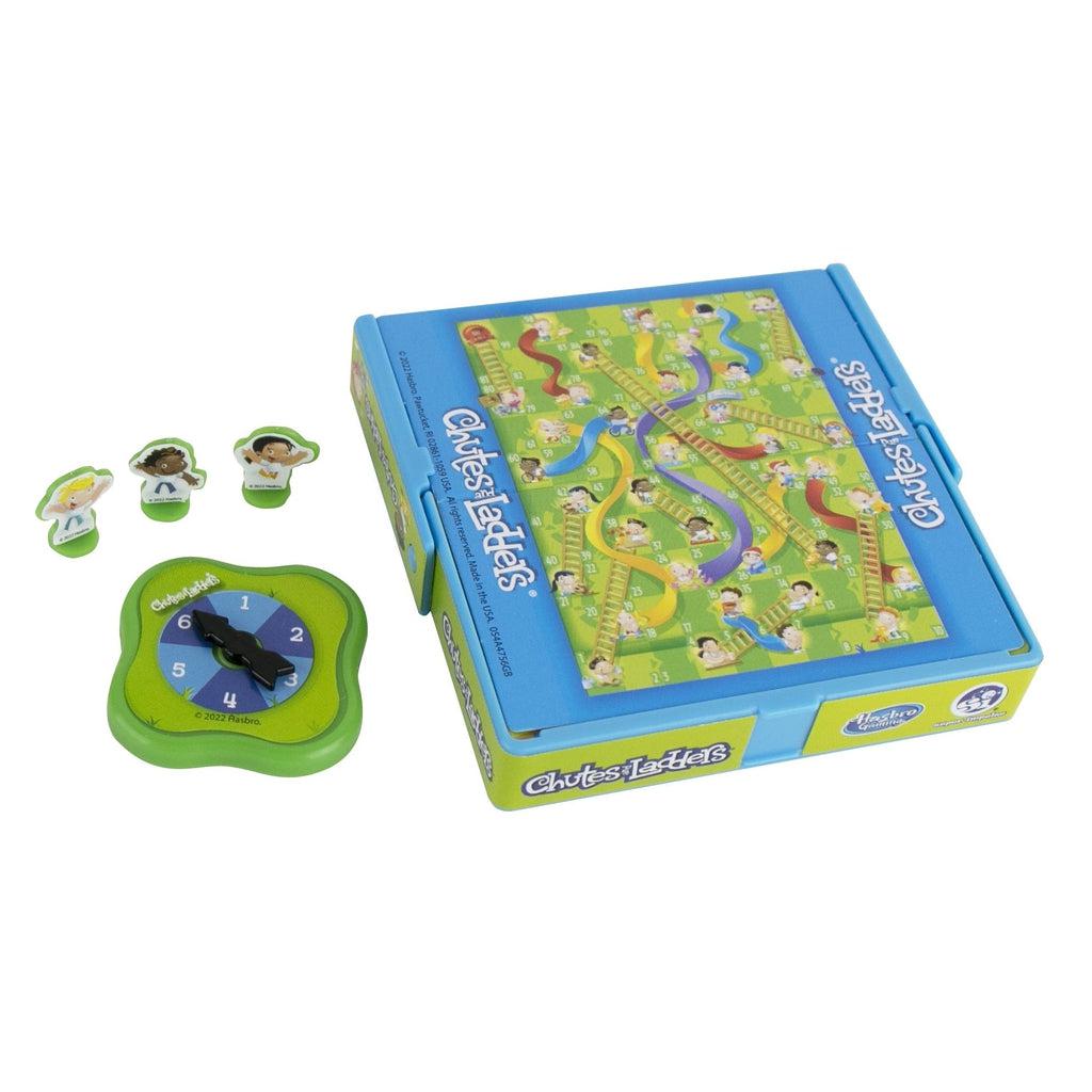 Shows all the pieces included in the game. It comes with three game characters, a spinner, and a game board (which stores all the other pieces).