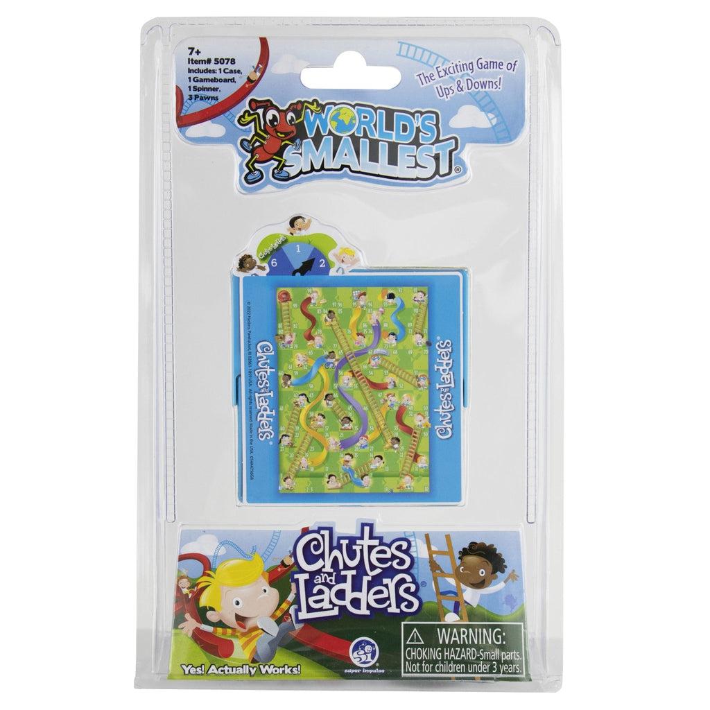 Image of the packaging for the World's Smallest Chutes and Ladders. The packaging is clear plastic so that you can see the game board inside.