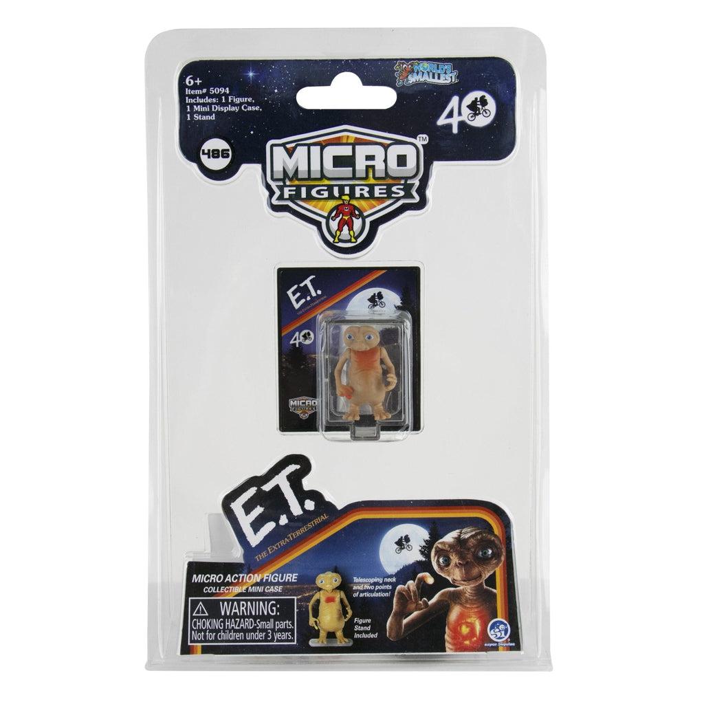 Image of the packaging for the World's Smallest ET Figurine. The packaging is clear plastic so you can see the microaction figurine inside.