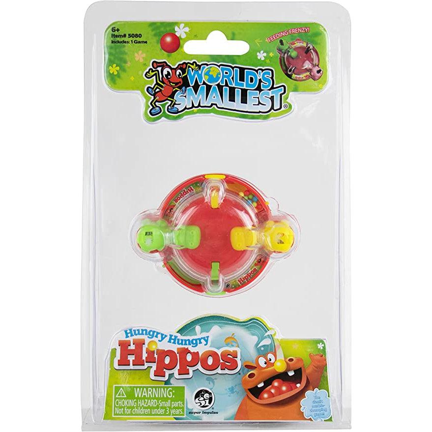 Image of the packaging for the World's Smallest Hungry Hungry Hippos. The packaging is clear plastic so you can see the game inside.