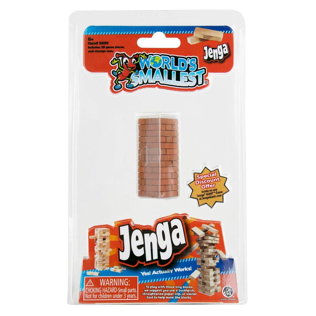 Image of the packaging for World's Smallest Jenga. It shows the Jenga blocks encased in the clear packaging plastic.