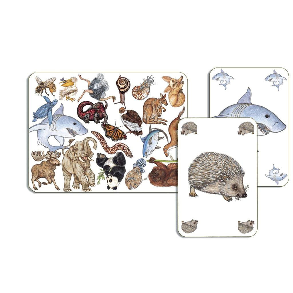 Image of the playing cards for the game. On one type of the cards is a card full of many different animals, and on the playing cards are bigger versions of those same animals.