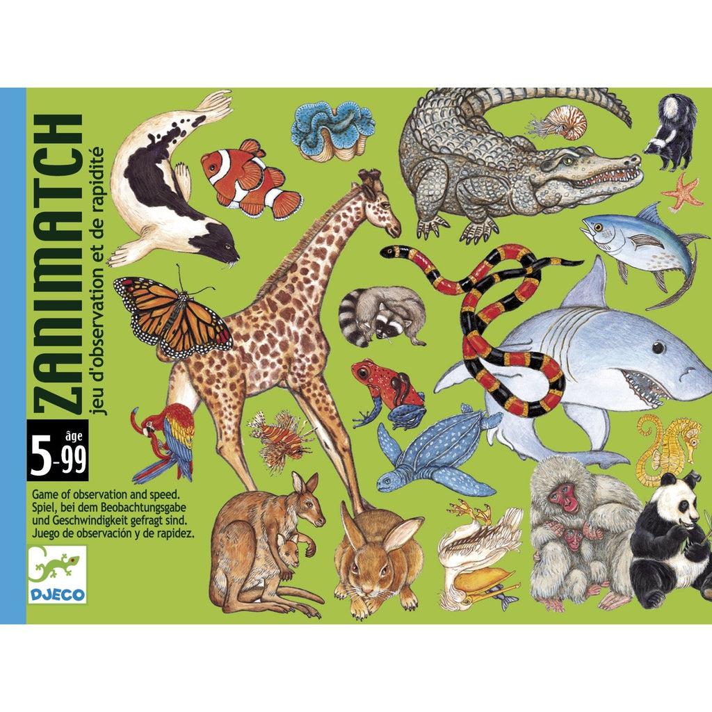 Image of the front of the packaging for the Zanimatch game. On the front are many different animals like a giraffe, a snake, a shark, and an alligator.