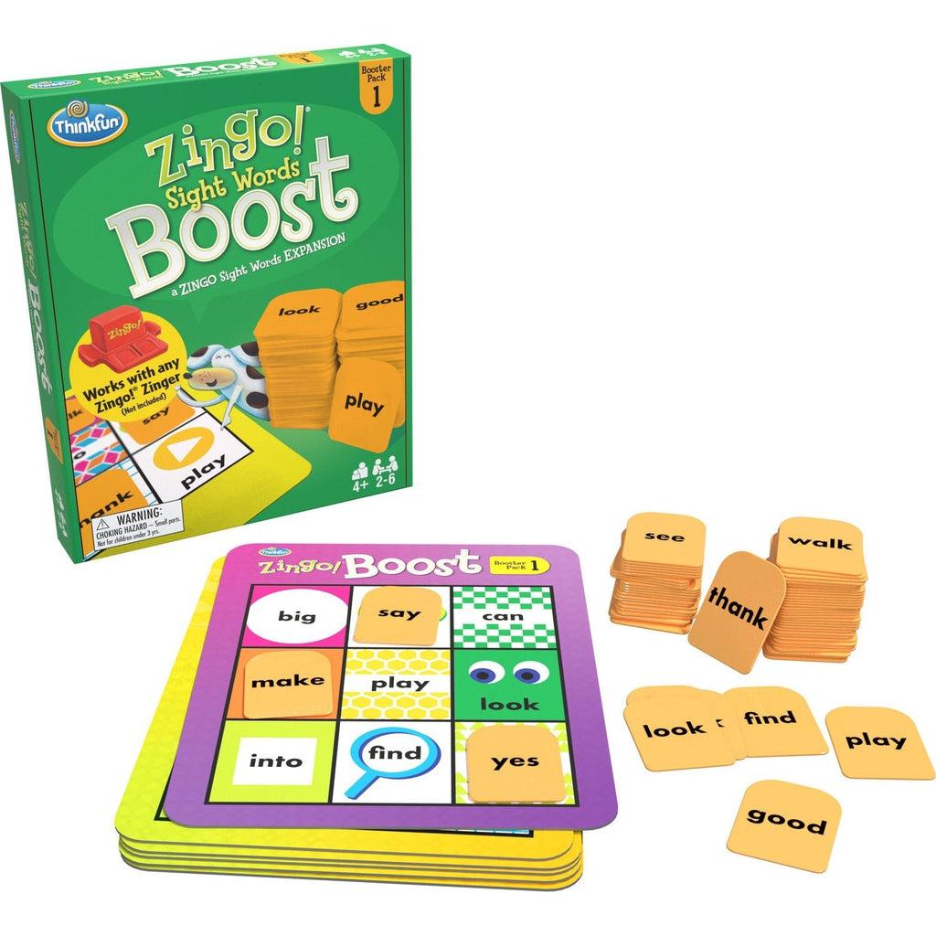 Game box | Zingo tiles aare rounded and yellow with black text on them. | Zingo cards are double sided with a six section square. Each section has a pattern or illustration and a word in black text.